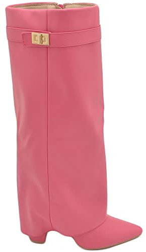 Stivali Donna Alti Rosa Pelle al Ginocchio a Punta con Risvolto para Fino a Terra Tacco Doppio 10cm (38 EU)