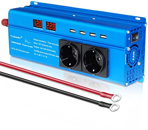 Yinleader 12V auf 230V 2400W Reiner Sinus Wechselrichter 2 EU Steckdosen und 4 USB-Anschlüsse 2 LED Spannungswandler