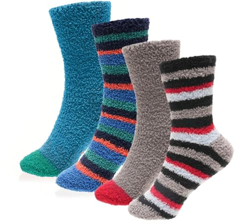 GM Apparel Boys Kids Fluffy Slipper Socks – Non-Skid Gripper – Bed Sock – Super Soft Fuzzy – Cosy Thermal – Strips – Pack of 4 Pairs
