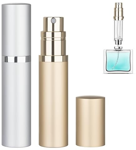 Qavhun Refillable Perfume Atomizer Travel Bottle 2-Pack 5ml Leakproof Luxury Travel Perfume Refillable Bottle, Portable Fragrance Atomiser (Silver & Gold)