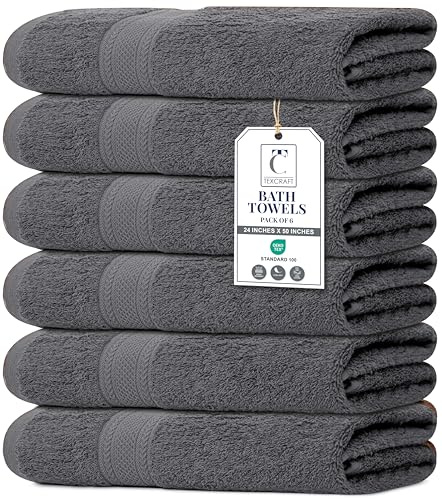 TEXCRAFT Large Bath Towels Set of 6 – 100% Cotton Terry – 24 x 50 – Quick Dry, Soft & Highly Absorbent – Grey Towels for Bathroom, Gym, Spa, Pool & Daily Use