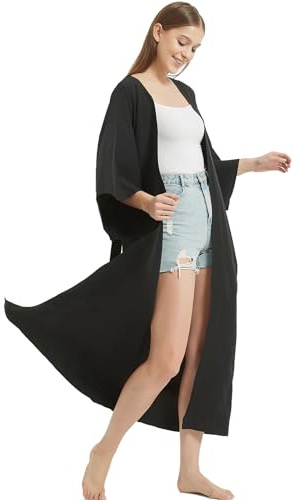 Elegante kimono da spiaggia, cardigan da donna, stile tie-dye, kaftani turchi, copricostume da bagno, Nero, tinta unita, taglia unica più tall