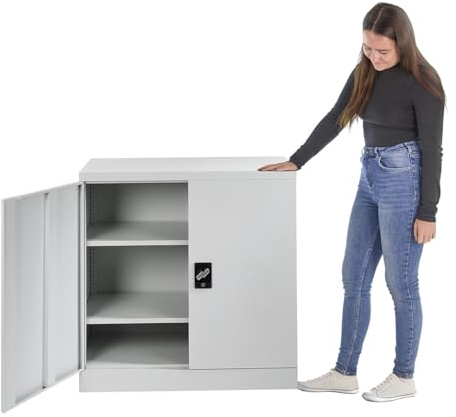 MMT Furniture Steel Storage Cabinet - 2 Door Lockable Filing Cabinet - Metal Storage Cupboard for Home, Office Documents, Files, Kitchen, Shoe Storage, Pantry & Garage - Grey