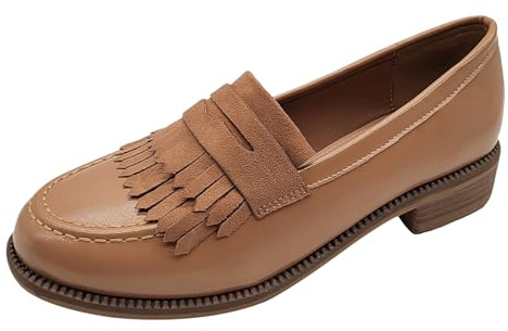 ANUFER Mujeres Estilo Británico Borlas Penny Loafers | Punta Redonda, Slip-On, Taco Cuadrado de 3cm, Zapatos Formales de Oficina