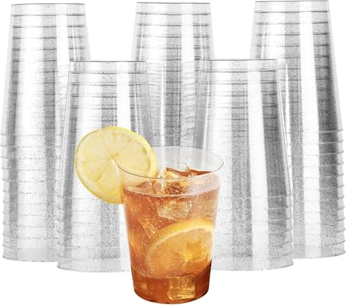 MATANA 60 Gobelets en Plastique Dur Transparent Paillettes Argentées (285 ml / 10 oz) - Verres Élégants et Réutilisables pour Anniversaires, Mariages, Noël, Barbecues, Fêtes