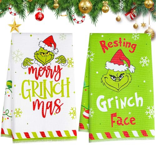 HGRGHH Lot de 2 Grinch Noël Torchons de Cuisine, 60 x 40 cm Torchons de Vaisselle, Serviettes de Cuisine Super Absorbantes, Noël Home Decorations, Cadeaux de Noël pour Femmes & Hommes
