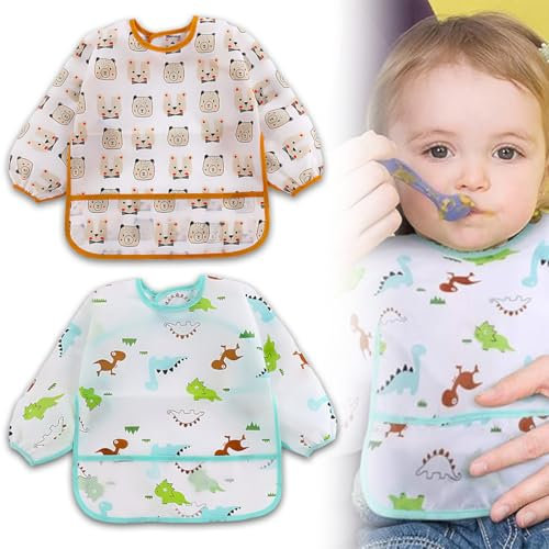 QOWUXHZ 2 Stück Ärmellätzchen Lätzchen Baby Mit Ärmel Abwaschbar Ganzkörper Lätzchen Ärmellätzchen Wasserdicht Ärmellätzchen Abwaschbar Für 3-30 Monaten Dinosaurier Und Bären