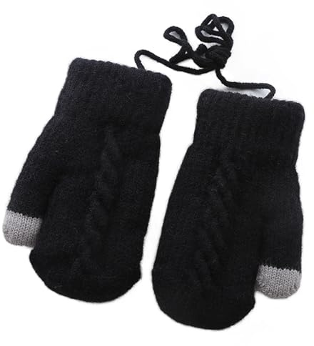 AIDIER Kids Winter Knitted Mittens with String Thick Plush Lined Mittens for Boys Girls 2-5 Years Thermal Full Finger Gloves Magic Stretch Gloves Soft Hanging Neck Mitten with Warm Fleece Lined