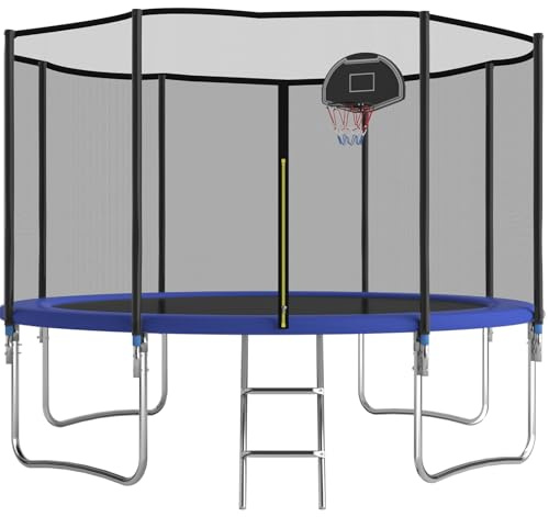 Redkid, Trampoline d'extérieur Ø 305/366 cm, trampoline de jardin pour enfant avec filet de sécurité, échelle, planche de panier de basket, charge maximale : 366 cm, bleu