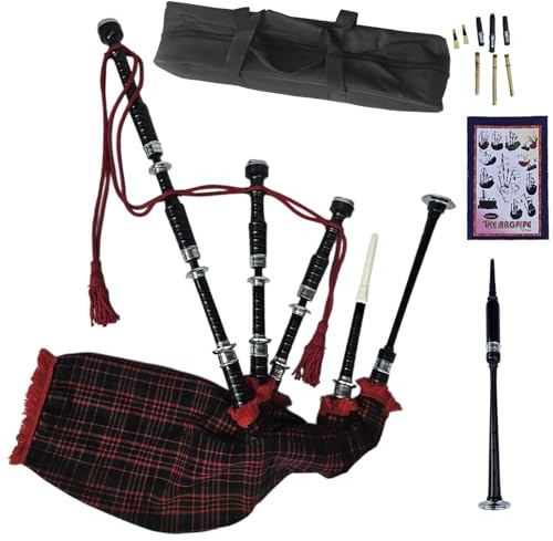 Highland Black Silver Mounts Bagpipe Set - Complete Package with Drone Set, Practice Reeds, Tutor Book, Carry Bag & Tartan Designs (MacDonald)
