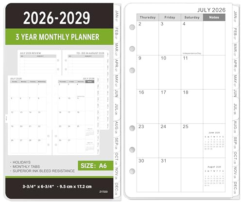 2026-2029 Monthly Planner Refill - A6 Size, Planner Inserts with 6-Hole Punched, July 2026 - June 2029, Two Pages Per Month, 2026-2029 Monthly Calendar with Tabs
