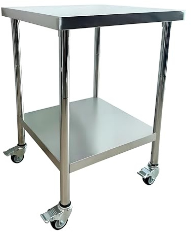 CAVATINY Table de travail en acier inoxydable 61 x 60 cm - 4 roulettes pivotantes avec freins - Table gastronomie pouvant supporter jusqu'à 200 kg - Table de cuisine professionnelle en acier