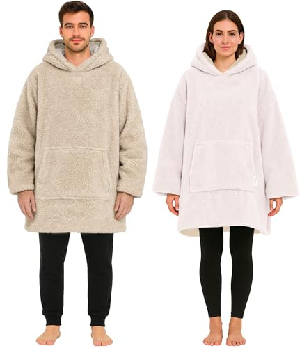 CalmyLIFE Hoodie Decke mit Ärmeln - Sherpa Wende Deckenpullover Oversize Kuscheldecke zum anziehen Kuschelponcho für Damen Herren XXL Poncho Blanket Pullover (Beige/Weiss)
