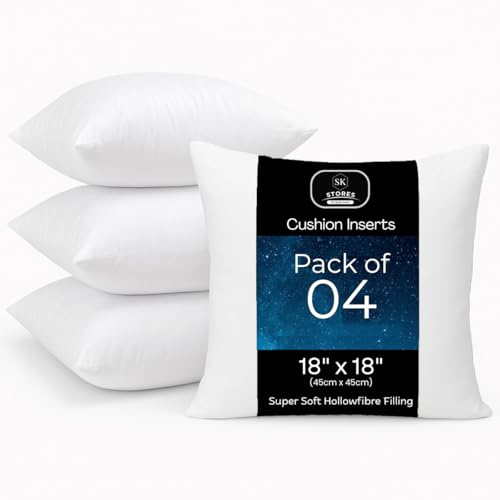 SK Stores Pack of 4 Hollowfibre Cushion pads 45cm x 45cm - White square Cushions - Standard pack of Hypoallergenic Cushion inserts 45cm x 45cm (Pack of 4 | 18x18)