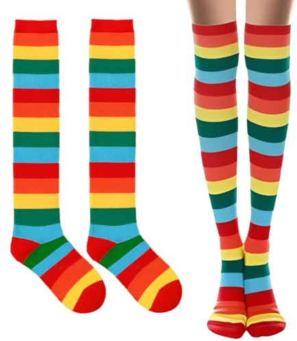 COYUN 1 Paires Chaussettes Hautes Rayées, Chaussettes longues en tricot, Femme Chaussette Haute Bas à Rayures Au-Dessus Du Genou pour Fête d'Halloween, Carnaval, Cosplay, costume, l'arc-en-ciel
