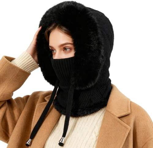 AYPOW Varm stickad vintermössa med halsvärmare för kvinnor, vindtät balaklava, skidmask, mössa, hattar, termisk fleecefoder med dragsko, mjuk ullig halsduk för kvinnor utomhus