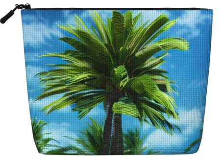 Summer Palm Tree Water Resistant Makeup Bag Fake Hemp, Large Cosmetic Organizer Travel Zippered Pouch