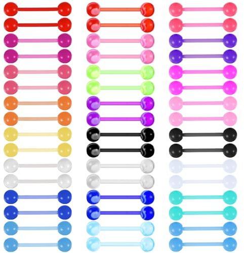 Yolev 48pcs Tongue Piercing Jewelry 14g Glow in Dark Straight Acrylic Barbell Tongue Rings for Women Men Candy Color Flexible Tongues Rings for Women Men