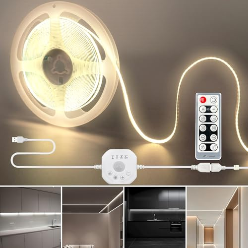 Clearhill 5V USB COB LED-remsa med rörelsesensor & fjärrkontroll, 3M, Naturligt vitt 4000K, 8mm bredd, 2 belysningslägen för dag eller natt, Justerbar tidsfördröjning och ljusstyrka, för garderob, kök