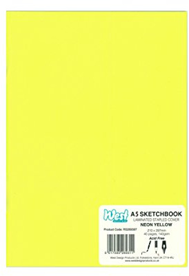 West Design - A5 Sketchbook, 140gsm, 40 White Pages, Stapled Laminated Neon Yellow Cover, Crisp, Acid Free Plain, Blank Paper, Sketch, Draw, Journal, Scrapbook, Pad, Notebook, Home, Art Supplies