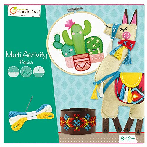 AVENUE MANDARINE - Kit Créatif Enfant - DIY Lama à Coudre en Feutrine 15x4x28 cm + Un Bracelet en Point de Croix + Un Tambourin Cactus à Broder - Activités Manuelles à Partir de 8 Ans - KC035C Pepita