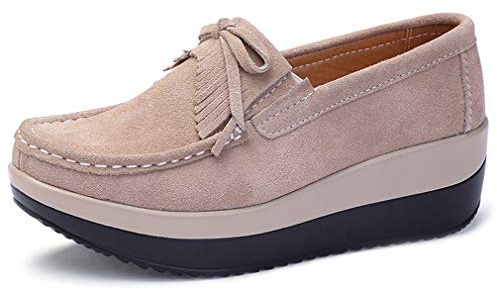 Solshine Women's Suede Leather Platform Wedge Heel Tassel Slip On Loafers Casual Shoes Apricot4, 5.5UK