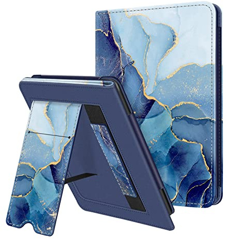 FINTIE Stående fodral för 6,8 tum Kindle Paperwhite (11:e generationen-2021) och Kindle Paperwhite Signature Edition premium PU-läderfodral med kortplats och handrem, Havsmarmor