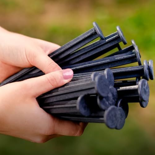 Anclajes de suelo para bordes de césped de plástico, 50 unidades, anclajes de tierra de plástico reciclado, piquetas de tierra estables, estaca extrafuerte con altura de 18 cm, color negro