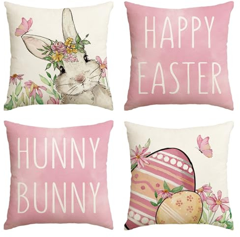 AVOIN colorlife Happy Easter Hunny Bunny Pink Throw Pillow Covers, 18 x 18 Inch Easter Eggs Bunny Spring Cushion Case for Sofa Couch Set of 4