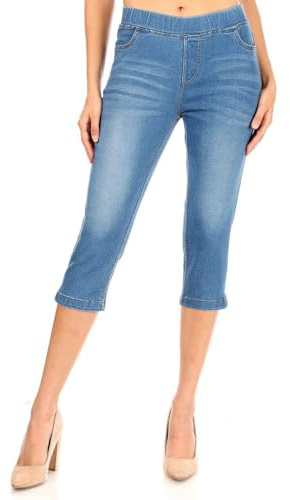 Jvini Women's Capri Denim Jeans Pull On Jeggings Elastic Waist,Side Slit