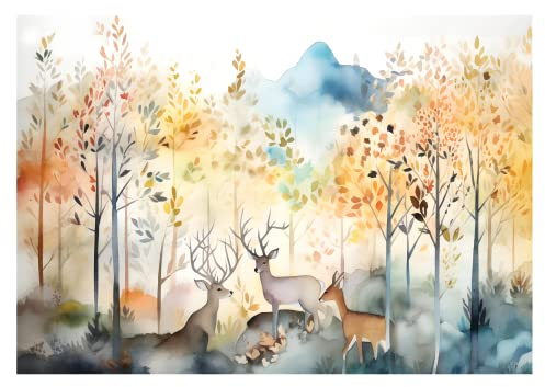 WallArena - Vlies Fototapete Kinderzimmer 416x254 cm Wald Tiere Hirsch Pastell für Kinder - Fototapeten Tapeten für Kinder Kindertapete Kinderzimmertapete - Vliestapete Wandtapete Tapete 3D Effekt