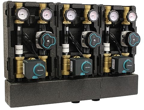ENVIRON- 3er Modulverteilergruppe 3 Pumpengruppen auf Verteilerbalken [gemischt/ungemischt wählbar] | 3 Wege Mischer Stellmotor DN25 Umwälzpumpe Heizung (3x ungemischt | Pumpe 180mm)