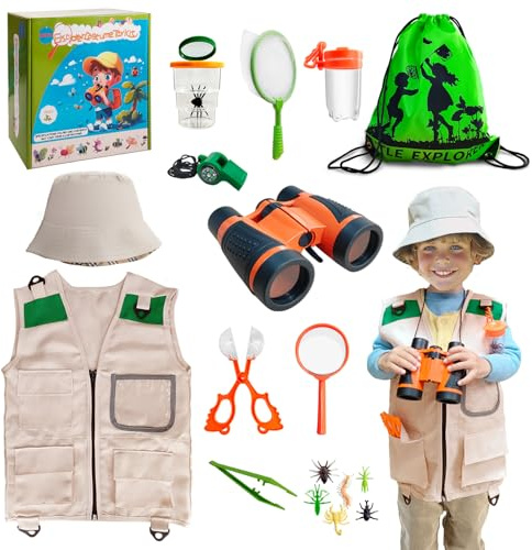 Mahduo Explorer Costume Kit for Kids, Bug Hunting Kits for Children with Safari Vest and Hat, Kids Binoculars, Outdoor Adventure Bug Collecting Toys Gifts for 3 4 5 6 7 Year Old Boys Girls