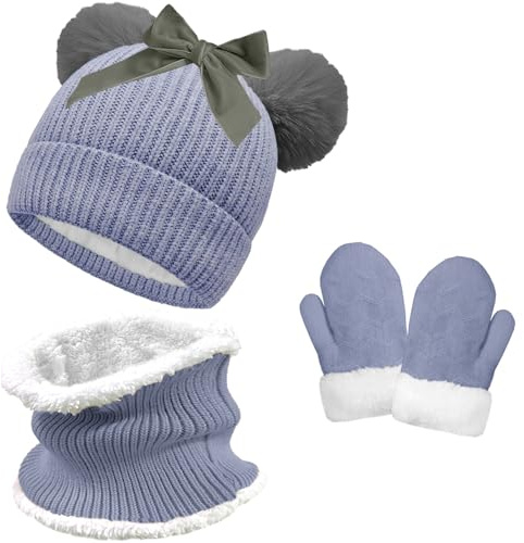 crazy bean Bonnet Echarpe et Gants pour Enfant Chaud Hiver Tour de Cou et Moufle Fille Garçon Bonnet en Tricot avec Double Pompon Fourrure Ensemble de 3 Pièces Gris