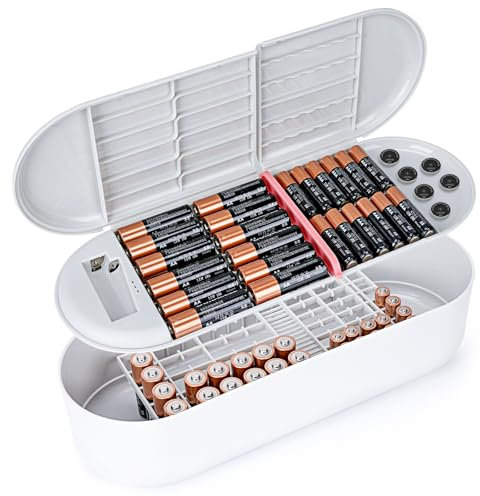 Linkidea Custodia per batterie con tester, organizer portatile per batterie da 42 AA, 47 AAA, 19 batterie piatte, scatola portaoggetti a doppio strato (grigio e bianco)