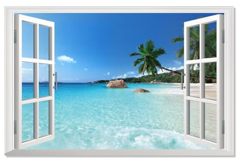 Fausse image de fenêtre vue sur l'océan, Ocean Beach Tapisserie murale affiche de fenêtre de vue 3D océan mer sable plage autocollant Mural décalcomanies murale Pvc Art pour la décoration de la pièce