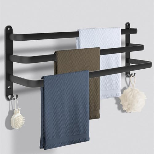 Rentatol handdukshållare svart 70 cm, handdukshållare utan borrning, aluminium handdukshylla väggmontering 3 våningar handduksstång med krok, handdukshållare badrum kök badrumstillbehör