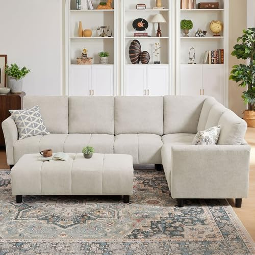 Pingliang Home Modular Sectional Sofa, L-Shaped Sectional Couch with Movable Ottoman, Removable Covers, Comfy Sectionals Set for Living Room,Office (Beige, 6-Seats)
