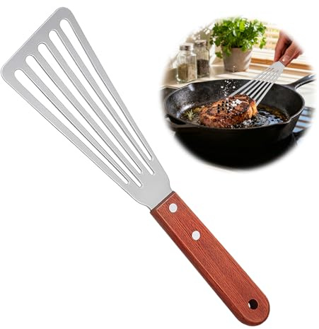 Spatule en acier inoxydable avec fentes - Ustensile de cuisine avec manche en bois pour retourner les poissons, les œufs de viande, les crêpes, la lame de 16 cm et 28 cm de long - Design biseauté pour