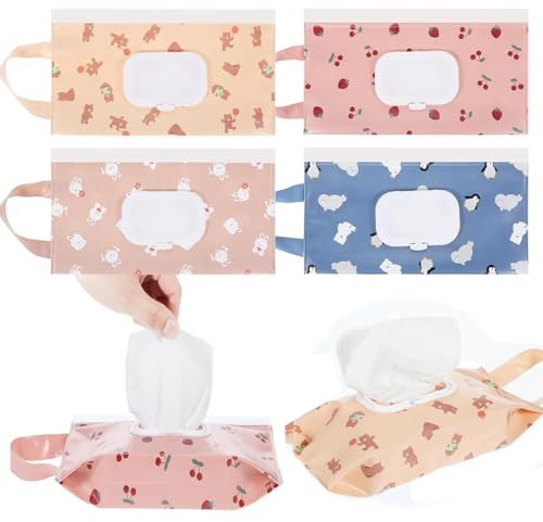 Set di 4 dispenser di salviette ricaricabili portatili, sacchetti per dispenser di salviette per neonati, sacchetto riutilizzabile per salviette umidificate per l'uso in movimento, per viaggi, casa