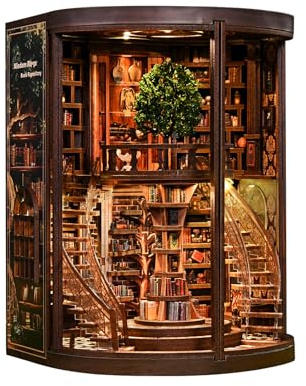 Book Nook Kit-Fermalibri Wisdom Rings Book Archive in legno e puzzle 3D con luce LED, set fai da te per adulti, kit diorama per decorazione libreria, regalo di Natale per compleanni