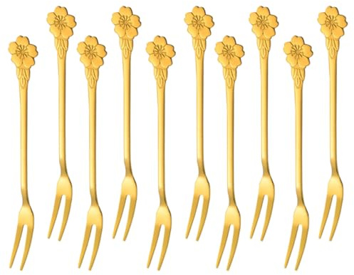 ASAKKURA Forchette da Dessert in Acciaio Inox 10 Pezzi 2 Denti a Forma di Fiore di Ciliegio, Forchettine da Frutta e Torta per Feste, Picnic e Ristorazione