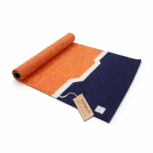 Yogikuti 100% Cotton Yoga Rug/Natural Woven Yoga Mat/Breathable Non-Slip Yoga Carpet for Ashtanga, Iyengar & Meditation Practice/Foldable & Eco-Friendly Yoga Mat (Orange with Blue)