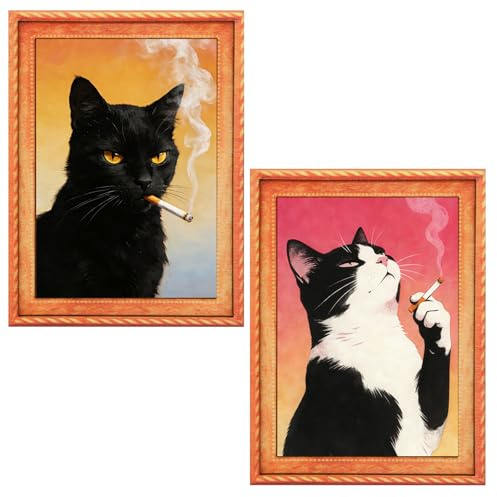2 imanes Divertidos de Gato para Nevera, imanes de Gato, artículos de decoración, Arte de Pintura al óleo Vintage, adecuados para el hogar o Lugares públicos, diseño de patrón Moderno