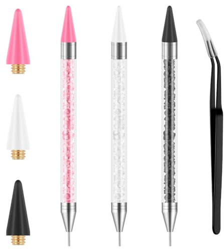 AYBUY 3 stycken strass plockare, dubbla prickpennor med 3 utbytbara vaxhuvuden och 1 pincett, nagel-strass-vaxpenna för nagelkonst, gör-det-själv-nageldesigner, strassplacering, ädelstenar