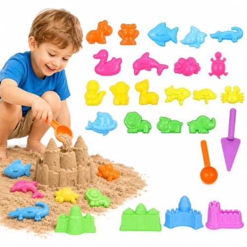 Beavorty 27-Piece Sand Molding Toy Set Castle and Animal Play Sand Molds for Beach Pit Accessories Play Molds for Kids Outdoor Creative