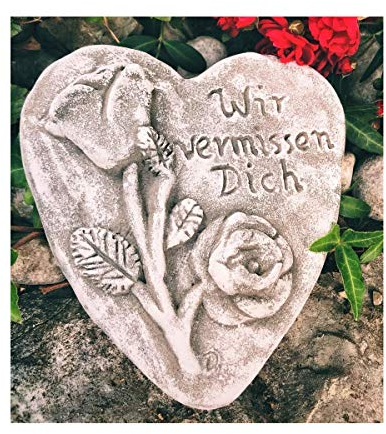 Radami Grabherz Spruch - Ich vermisse Dich - Grabschmuck Dekoherz Steinguss Herz Rose dunkel
