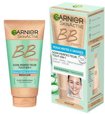 Garnier - BB Crème - Soin Perfecteur Tout-en-1 Anti-Imperfections - FPS 25 - Enrichi en Acide Hyaluronique & Aloe Vera - Pour Peaux Mixtes à Grasses - Teinte : Medium - Skin Active - 50 ml