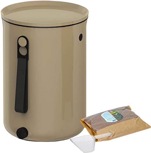 Skaza Bokashi Organko 2 | Biomülleimer Küche 9,6 Liter – Komposteimer für Küchenabfälle – mit 1 Kg EM Fermentieren Aktivator (Cappuccino)