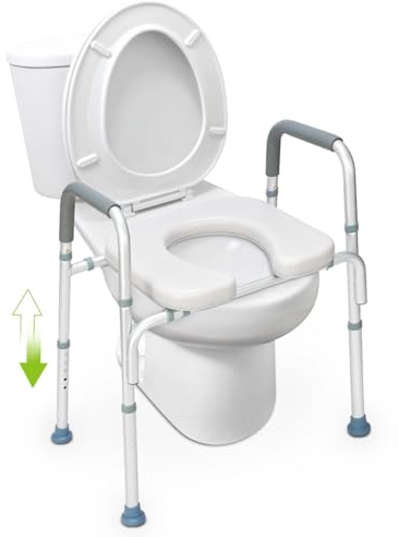 OasisSpace Stand Alone Raised Toilet Seat 136.4kg - Heavy Duty Medical Raised Homecare Commode and Safety Frame, Height Adjustable Legs, Bathroom Assist Frame for Elderly, Handicap, Disabled